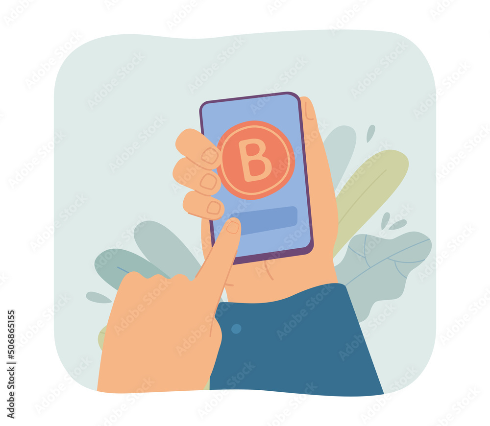 Hand touching slider on mobile phone screen with bitcoin. Person using digital wallet app for trade flat vector illustration. Online money concept for banner, website design or landing web page