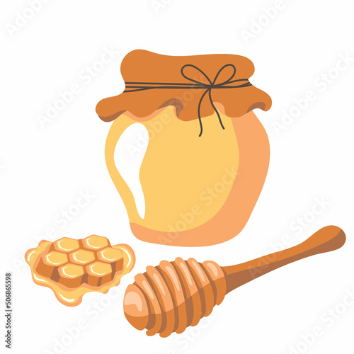 Jar full of fresh honey, wooden stick and honeycombs. Sweet pure honey. Hand drawn vector illustration