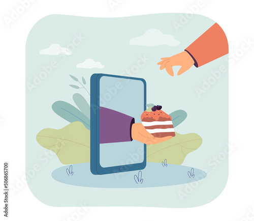 Hand from mobile phone giving piece of cake to person. Bakery delivery service for people flat vector illustration. Ecommerce, sweet food order concept for banner, website design or landing web page