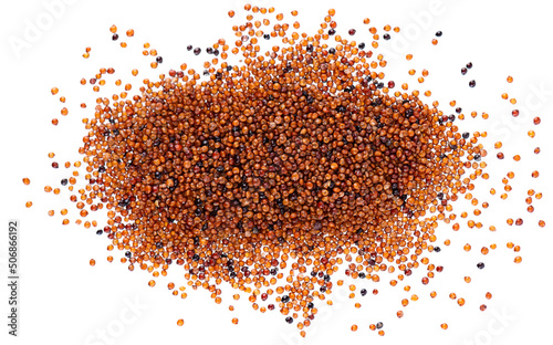 Canihua grains isolated on white background. Pile of qaniwa, qanawa, qanawi or kaniwa seeds. Dry grains of chenopodium pallidicaule. Top view.