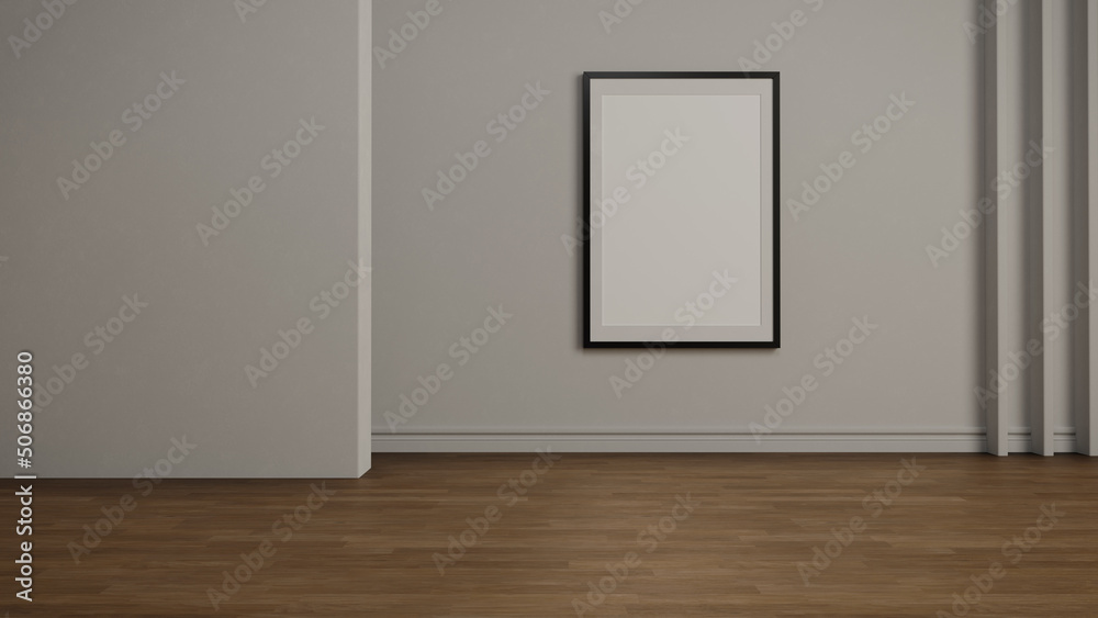 Painting or photo frame mock up on wooden floor with light wall. 3D illustration.