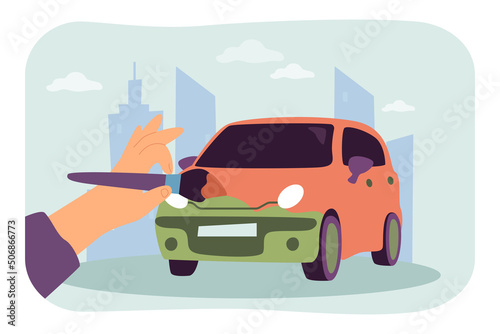Fototapeta Naklejka Na Ścianę i Meble -  Hand of painter painting car with brush. Vehicle color change by person from autobody repair service flat vector illustration. Maintenance concept for banner, website design or landing web page