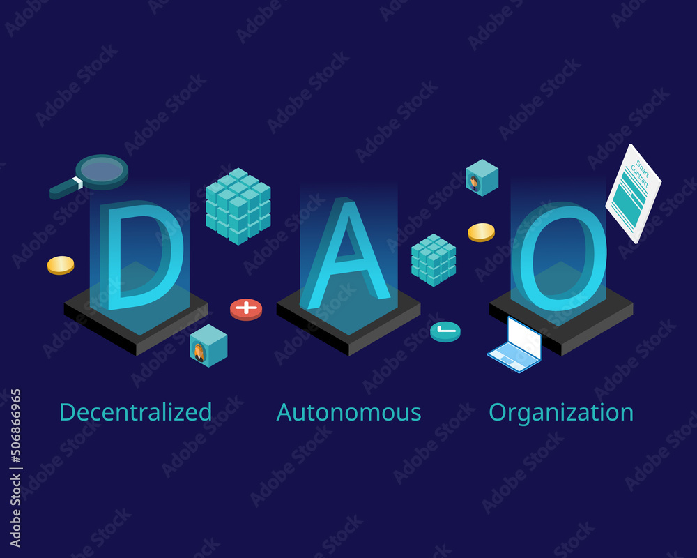 DAO or Decentralized Autonomous Organization with smart contract to control leadership by code  - obrazy, fototapety, plakaty 