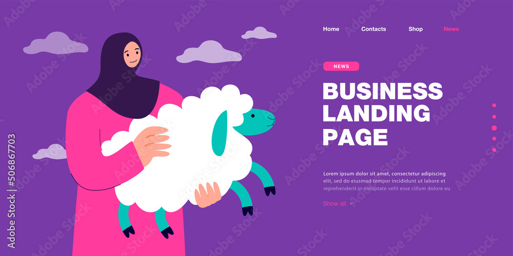Obraz premium Woman in hijab holding sheep in hands. Muslim girl greeting with little fluffy lamb flat vector illustration. Qurban on Eid al Adha Mubarak concept for banner, website design or landing web page