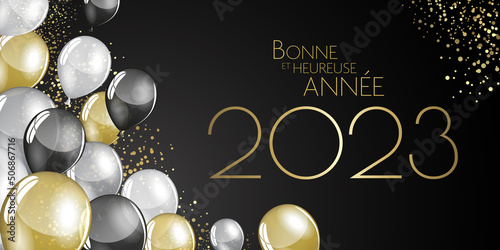 happy new year 2023 - Black and gold ballons on a black background - party festive design