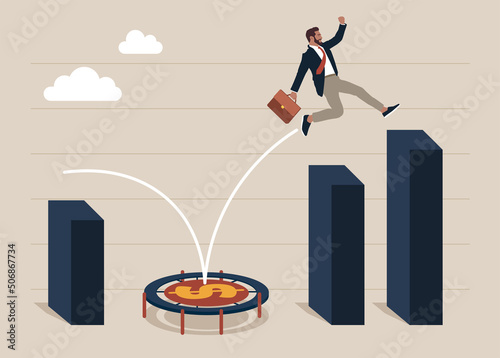 Strong businessman jumping from trampoline back to top of growing bar graph. Business challenge, revenue rebound and recover from economic crisis or earning and profit growth jump from bottom concept. photo