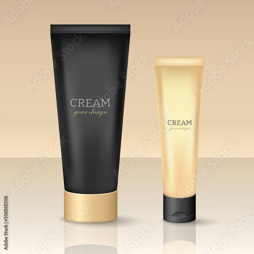 Two 3d cream tubes in golden and black style. Plastic cosmetic containers for creme, tooth paste, lotion, moisturizer, gel. Skincare product mockup for logo design. Vector cosmetic package template