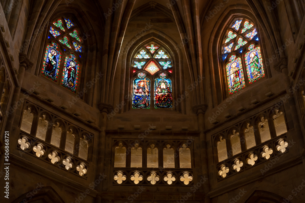 close-up plan of the stained glass windows of Bilbao Cathedral in Spain