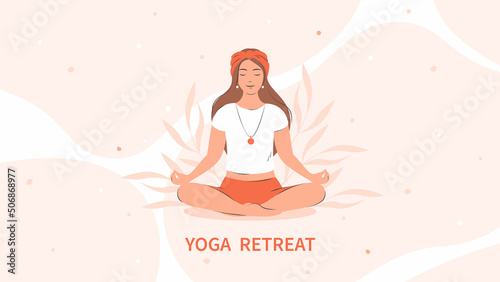 Woman meditating, practicing yoga. Yoga retreat. Vector illustration.