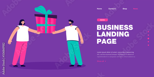 Tiny people holding gift box together. Happy man and woman carrying wrapped present with bow flat vector illustration. Bonus special offer concept for banner, website design or landing web page