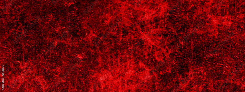 Red grunge abstract background texture black concrete wall, grunge halloween background with blood splash space on wall, red horror wall background, dark slate background toned classic red color.	