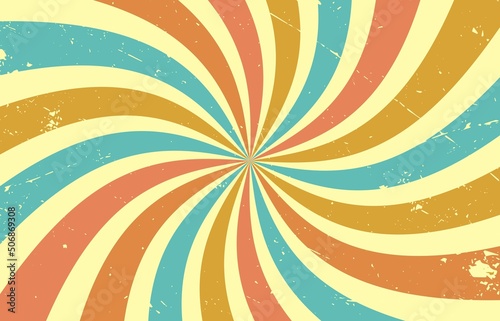 Vintage background with stripes. Vector illustration with sun burst. Sunburst on horizontal retro background.Rotating spiral stripes in blue, pink, gold and bronze.