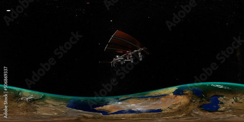 Fototapeta Naklejka Na Ścianę i Meble -  360 degree space background with Planet Earth and International Space Station , equirectangular projection, environment map. HDRI spherical panorama.