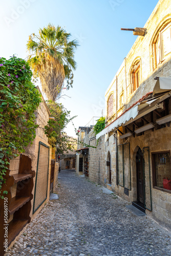 Narrow street among the stone houses of the ancient city of Rhodes on the island of Rhodes, Greece. Vertical image