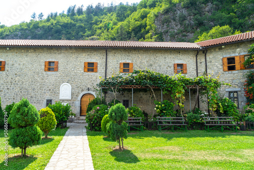 Inner courtyard of the Moraca monastery. Serbian Orthodox monastery located in the valley of the Moraca River in Kolasin, central Montenegro photo