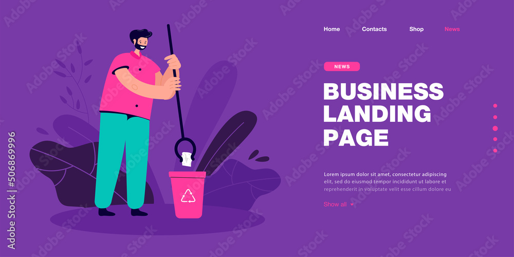 Volunteer with garbage picker putting litter into recycle bin. Man