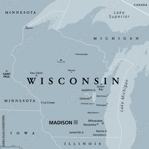 Wisconsin, WI, gray political map, with the capital Madison and the metropolitan area Milwaukee. State in the upper Midwestern United States of America, nicknamed Badger State, and Americas Dairyland.