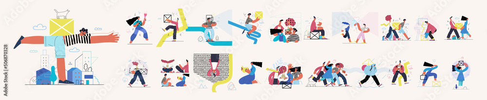 Startup illustrations set. Flat line vector modern concept illustration of people, startup metaphor. Concept of building new business, planning, strategy, teamwork and management. Company processes