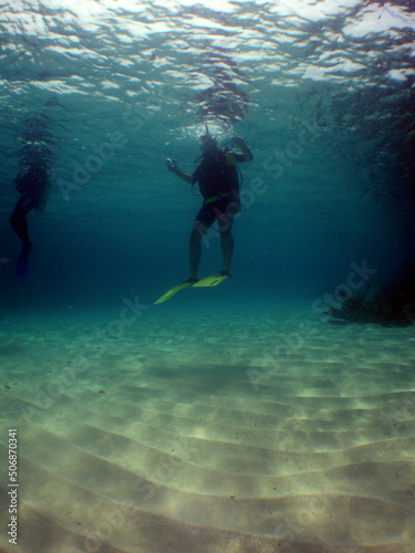 underwater scene , scuba diver and coral reef , caribbean sea 