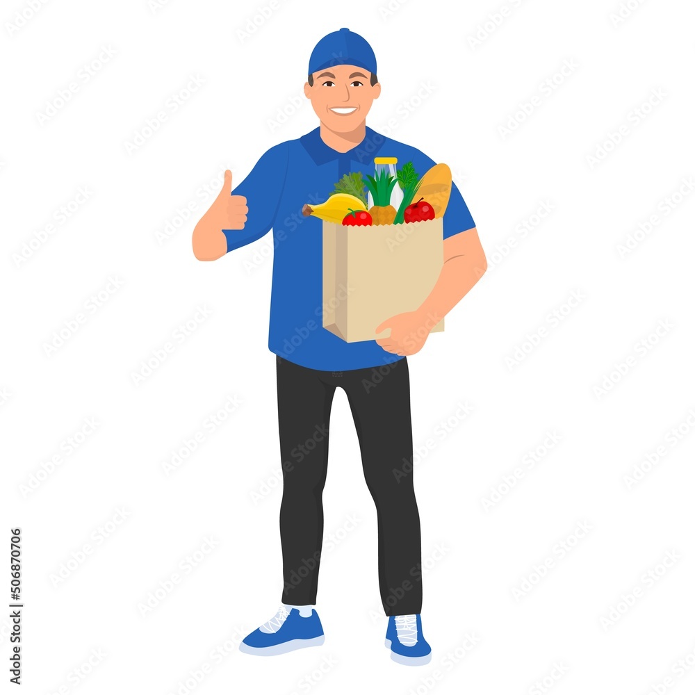 Package with products in the hands of a courier Vector flat illustration Package with products in the hands of a courier Vector flat illustration