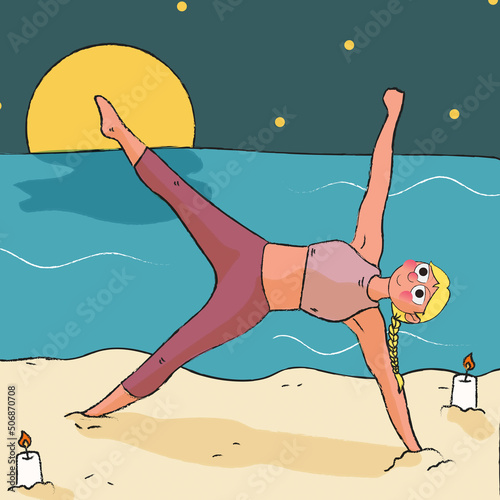 Hand drawn woman doing yoga pose at the beach at night. International Yoga Day concept. Flat vector illustration background