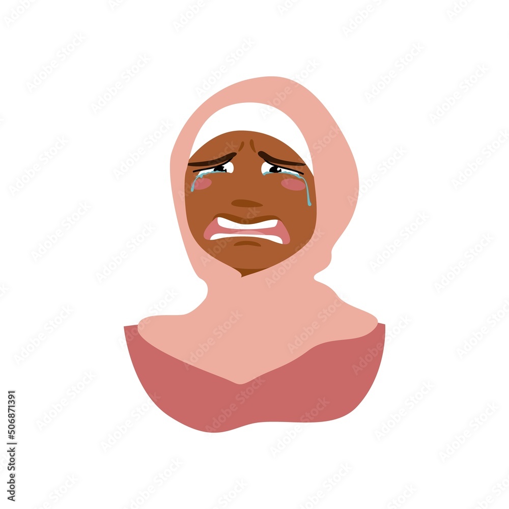 Muslim girl crying. Vector cartoon portrait of young African American woman in hijab. Muslim girl crying. Vector cartoon portrait of young African American woman in hijab.