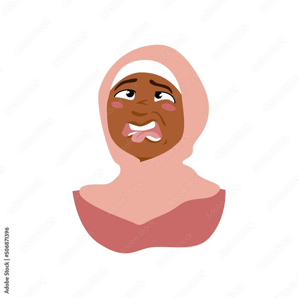 Cartoon Muslim girl character with disgust face expression. Vector portrait of cute African American woman in hijab. Cartoon Muslim girl character with disgust face expression. Vector portrait of cute African American woman in hijab.