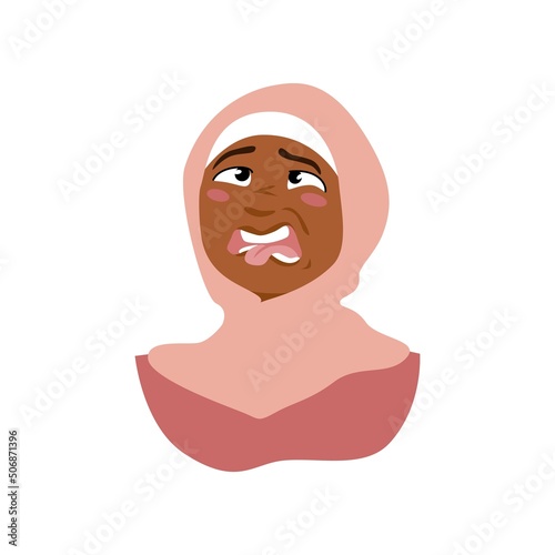 Cartoon Muslim girl character with disgust face expression. Vector portrait of  cute African American woman in hijab.