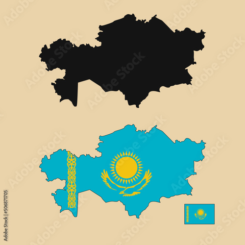 Vector of Kazakhstan country outline map with flag set isolated on plain background. Silhouette of country map can be used for template, report, and infographic.