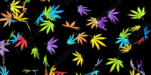 Cannabis leaves fall on a black background. 3D render  © NKmotion
