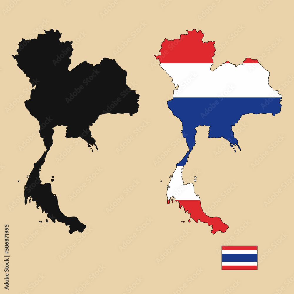 Vector of Thailand country outline map with flag set isolated on plain background. Silhouette of country map can be used for template, report, and infographic. Vector of Thailand country outline map with flag set isolated on plain background. Silhouette of country map can be used for template, report, and infographic.