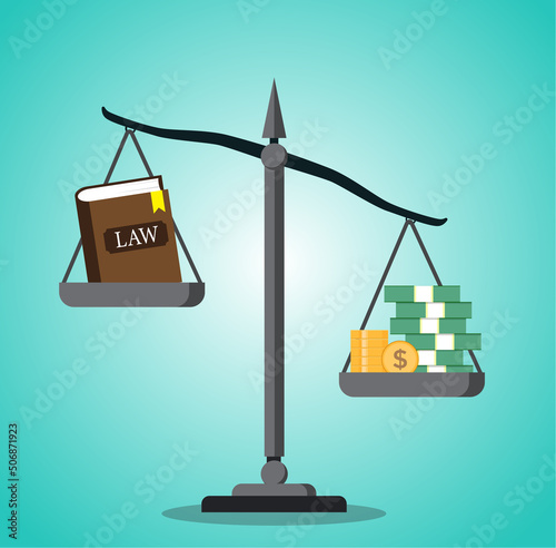 Balance balancing money and the book of law, concept of injustice and corruption, money and law balance vector