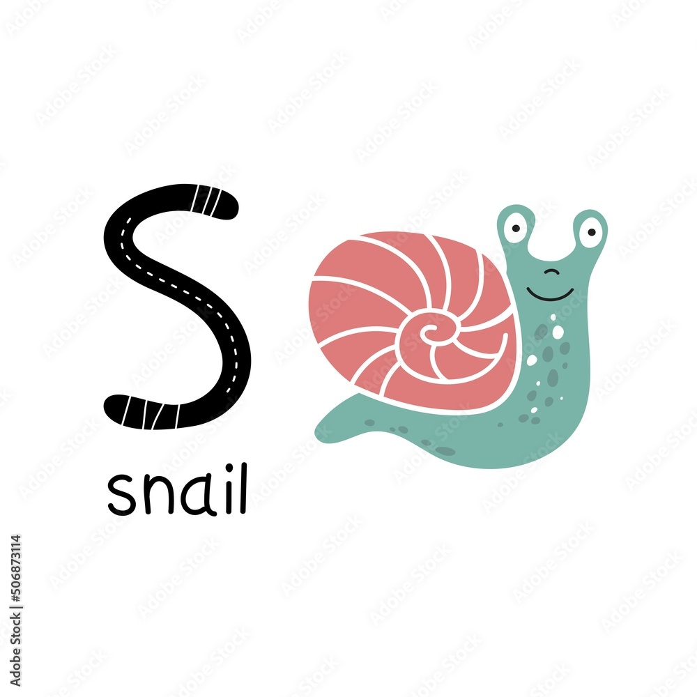 Children's font. Letter S. Cute cartoon green snail. Children's font. Letter S. Cute cartoon green snail.