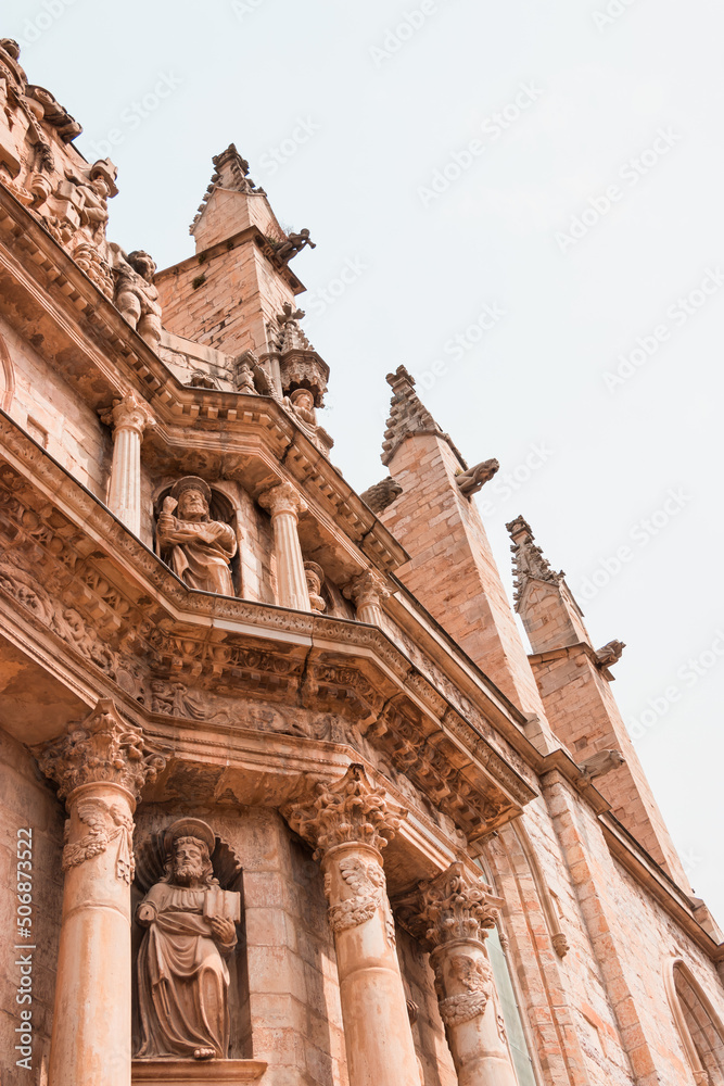 Santa Maria de Montblanc church, Tarragona, Spain - details of the front of the building. Architecture