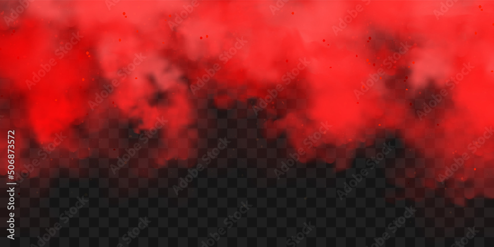 Realistic red colorful smoke clouds, mist effect. Fog isolated on transparent background. Vapor in air, steam flow. Vector illustration. - obrazy, fototapety, plakaty 