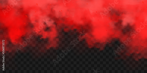 Realistic red colorful smoke clouds, mist effect. Fog isolated on transparent background. Vapor in air, steam flow. Vector illustration.