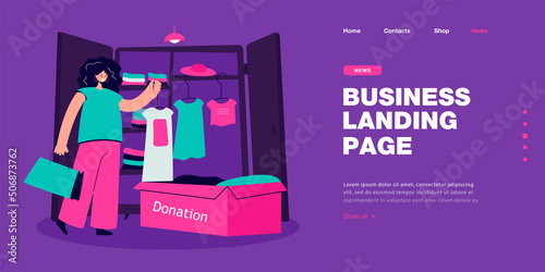 Woman packing clothes to donation box. Girl volunteer donating used dress for poor people flat vector illustration. Philanthropy, charity concept for banner, website design or landing web page