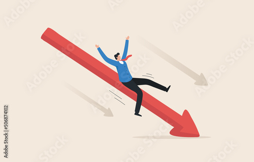 Decline of market and profits. Income decrease graph, financial crisis rate, economy downturn, investment risk. Businessmen or investors drop down to stock charts.