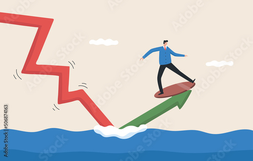 Financial success. Investment risk. Risks in job duties. Businessman surfing on the wave graph.