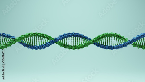 DNA Double Helix Spiral Molecule Science Biology Research Blue Green Cell Deoxyribonucleic Acid Biotechnology Gene Structure 3d illustration render photo