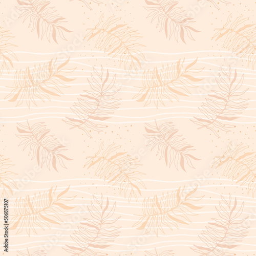 Tropical seamless beige pattern with palm leaves. Exotic plant on stripes.