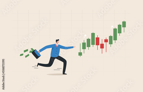 Bullish run  Success trader  Profit from stock market investment or crypto currency. Graph  Stock exchange  Financial  Bitcoin. Businessman follow a candlestick or an uptrend.