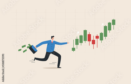 Bullish run, Success trader, Profit from stock market investment or crypto currency. Graph, Stock exchange, Financial, Bitcoin. Businessman follow a candlestick or an uptrend.