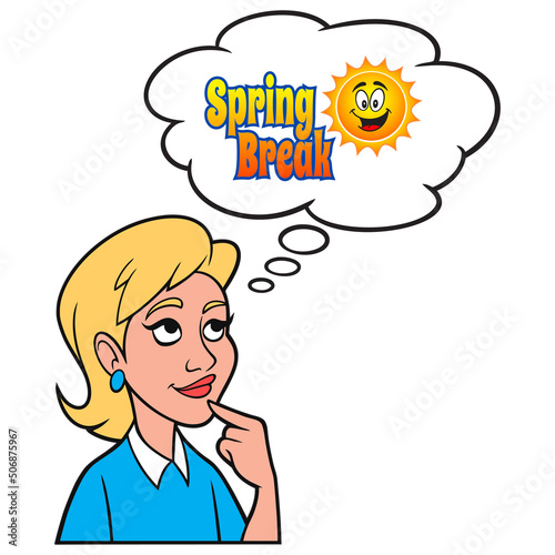 Girl thinking about Spring Break - A cartoon illustration of a Girl thinking about Spring Break vacation.
