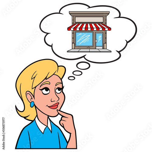 Girl thinking about starting a Business - A cartoon illustration of a Girl thinking about starting a new Business.