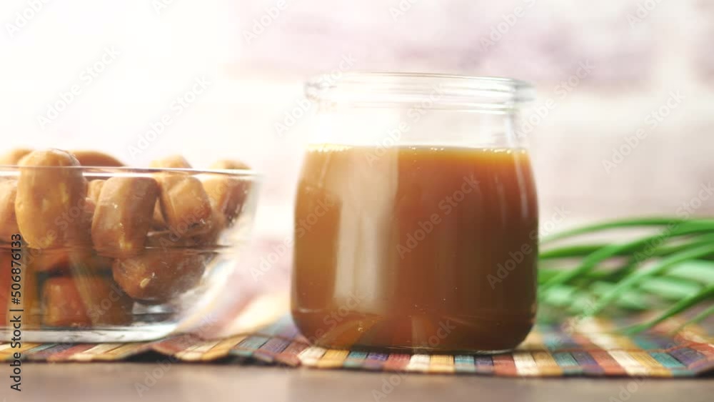  caramel chocolate bar and liquid on table top view 