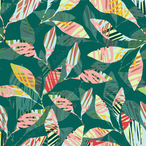 seamless mixed colourful leafs pattern on green background , greeting card or fabric