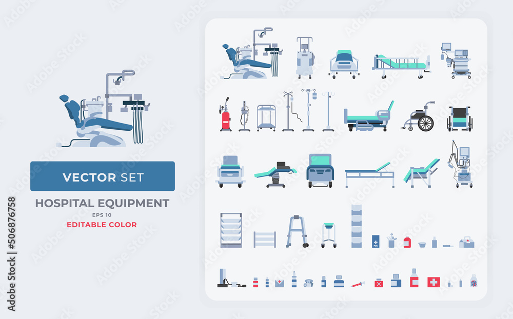 Clinic and Hospital Equipment flat vector illustration. Collection of medical devices. Color Editable eps 10.