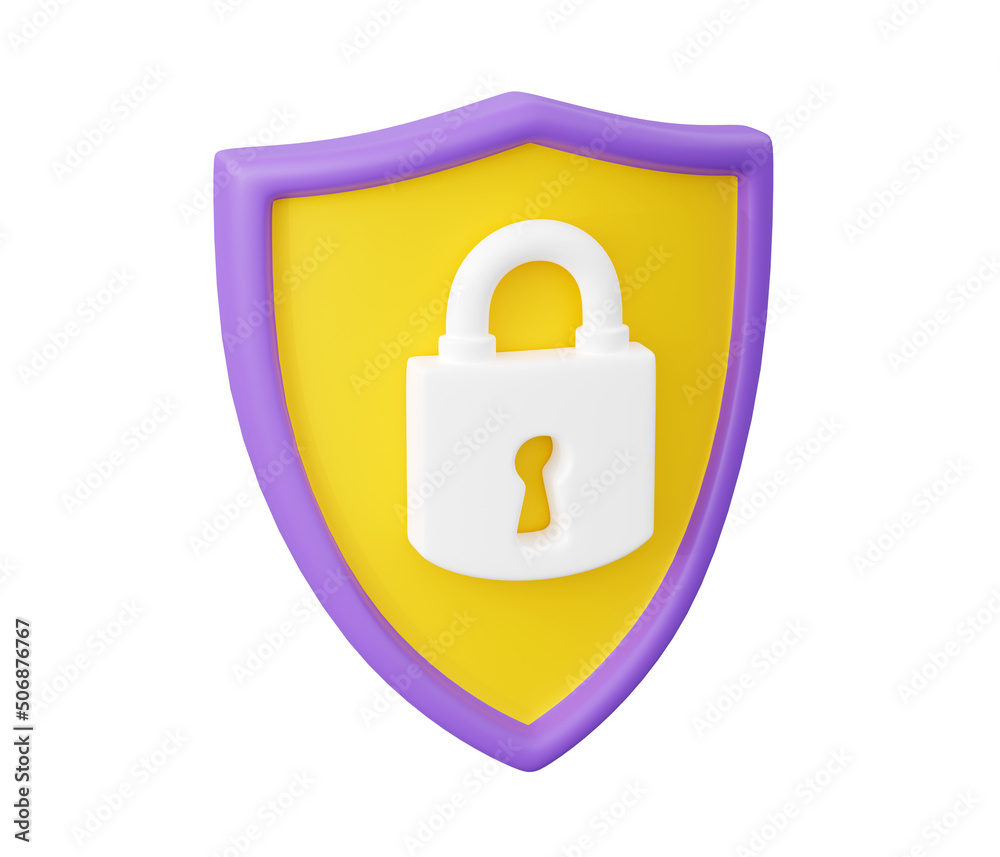 Shield with padlock 3d render - security and safety concept with close lock sign on shield. Shield with padlock 3d render - security and safety concept with close lock sign on shield.