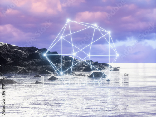Futuristic technology 3d landscape background with geometric wireframe neon light. Digital Terrain Cyberspace in the Mountains.